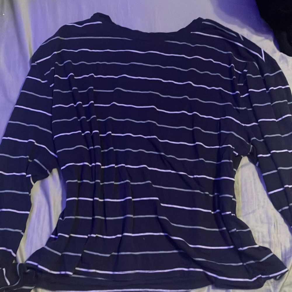 Long Sleeve Navy Shirt Light Green and White Stripe